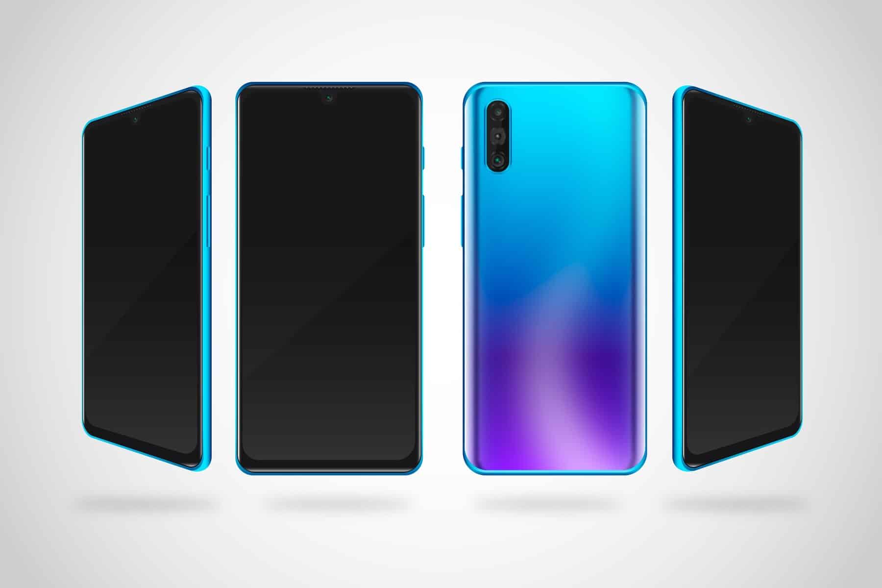 Four modern smartphones with sleek blue frames, featuring vibrant gradient backs, displayed against a light gray background.
