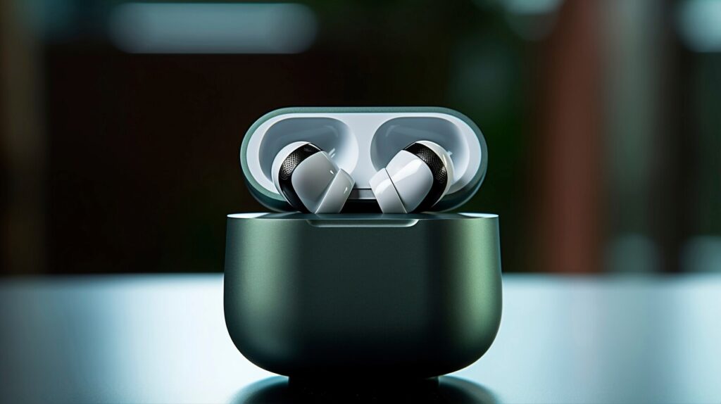 Close-up of wireless earbuds in a sleek charging case, white earbuds partially visible against a blurred background.