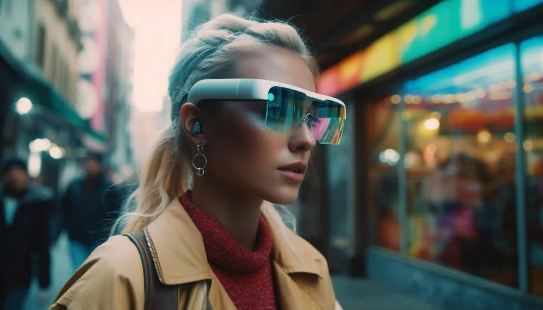 A stylish individual wearing futuristic glasses and earrings walks through a bustling city street, colorful shop windows in the background.